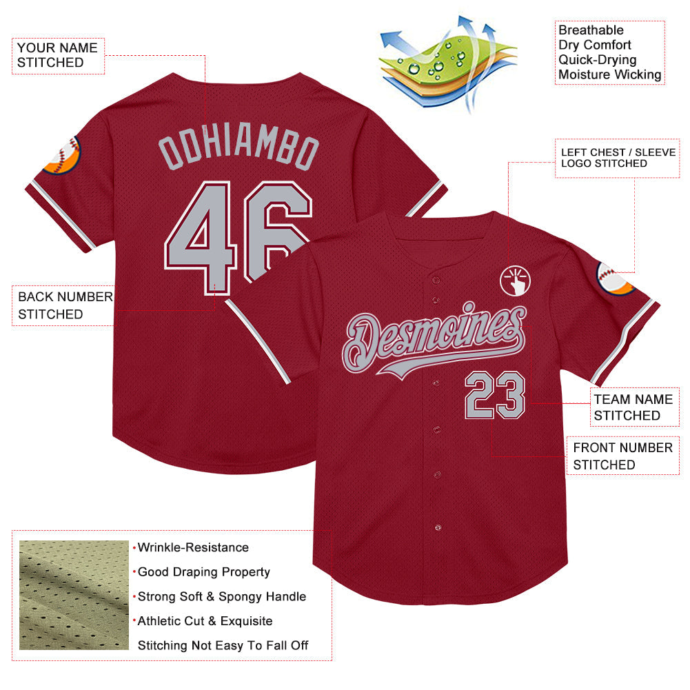 Custom Maroon Gray-White Mesh Authentic Throwback Baseball Jersey - Sky-Custom