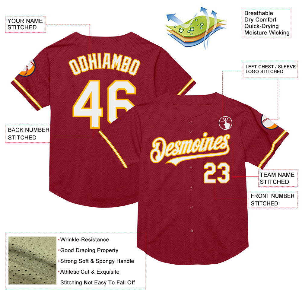 Custom Maroon White-Gold Mesh Authentic Throwback Baseball Jersey - Sky-Custom
