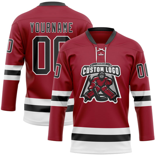 Custom Maroon Black-White Hockey Lace Neck Jersey - Sky-Custom
