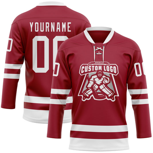 Custom Maroon White Hockey Lace Neck Jersey - Sky-Custom