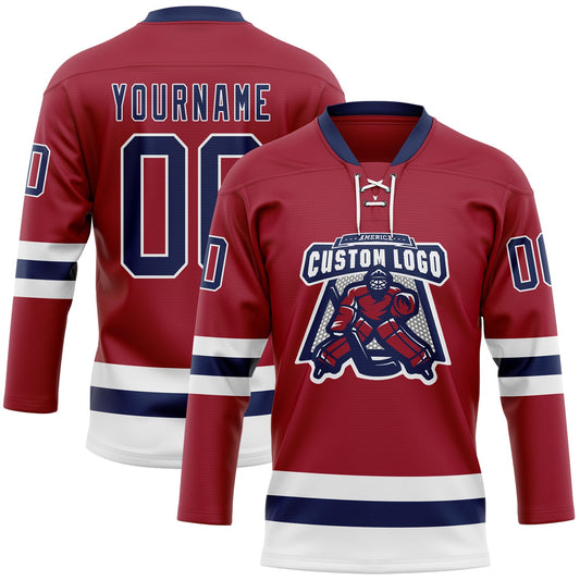Custom Maroon Navy-White Hockey Lace Neck Jersey - Sky-Custom
