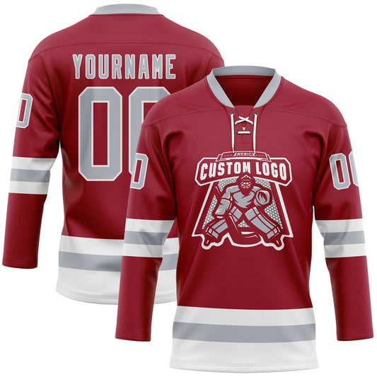 Custom Maroon Gray-White Hockey Lace Neck Jersey - Sky-Custom