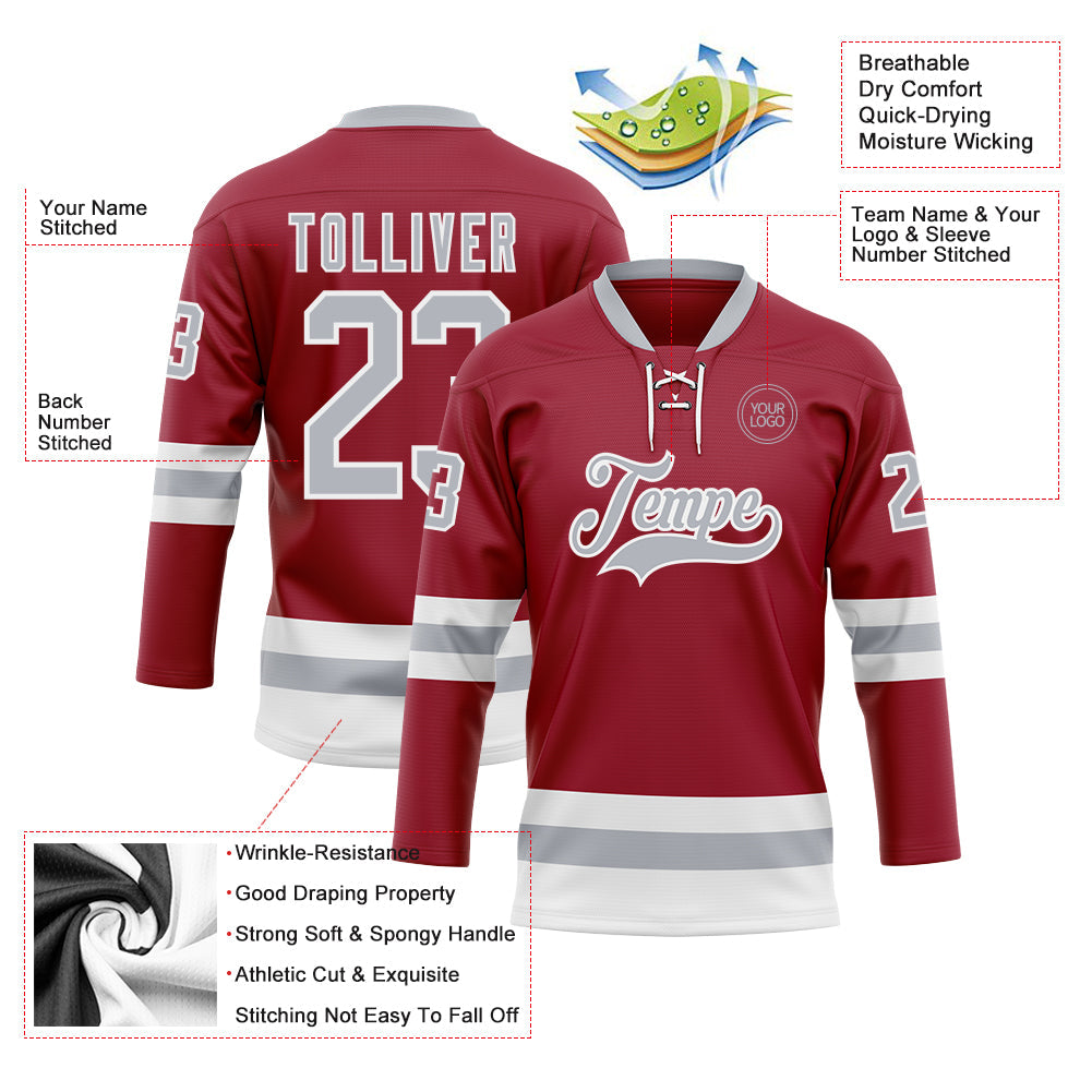 Custom Maroon Gray-White Hockey Lace Neck Jersey - Sky-Custom