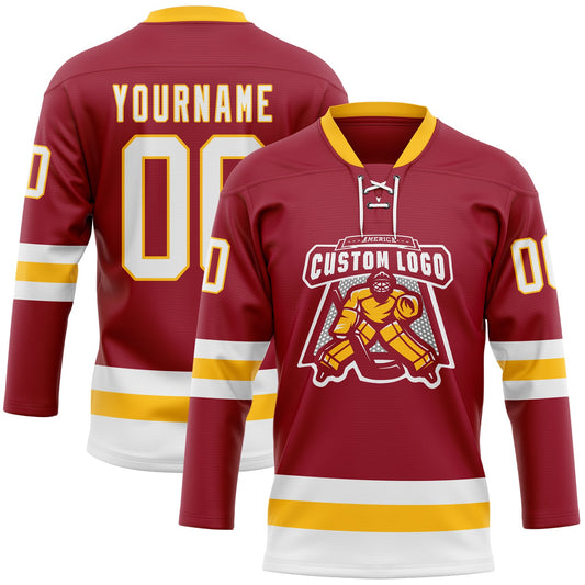 Custom Maroon White-Gold Hockey Lace Neck Jersey - Sky-Custom