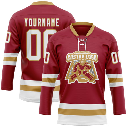 Custom Maroon White-Old Gold Hockey Lace Neck Jersey - Sky-Custom