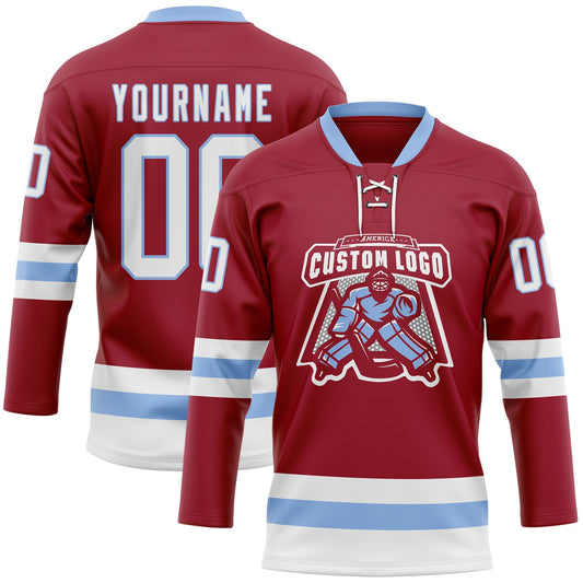 Custom Maroon White-Light Blue Hockey Lace Neck Jersey - Sky-Custom