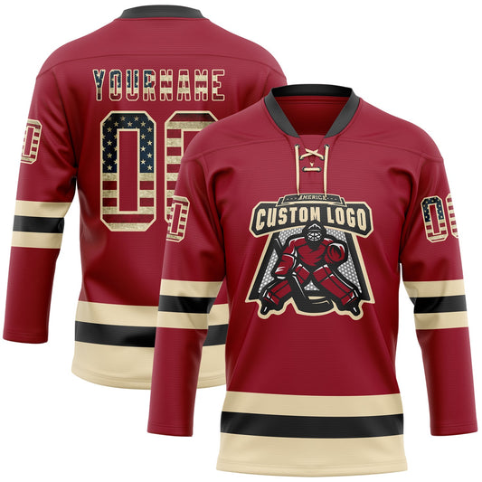 Custom Maroon Vintage USA Flag Cream-Black Hockey Lace Neck Jersey - Sky-Custom