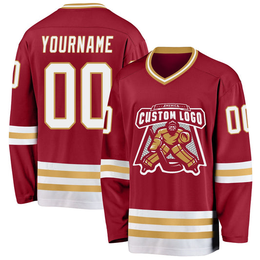 Custom Maroon White-Old Gold Hockey Jersey - Sky-Custom