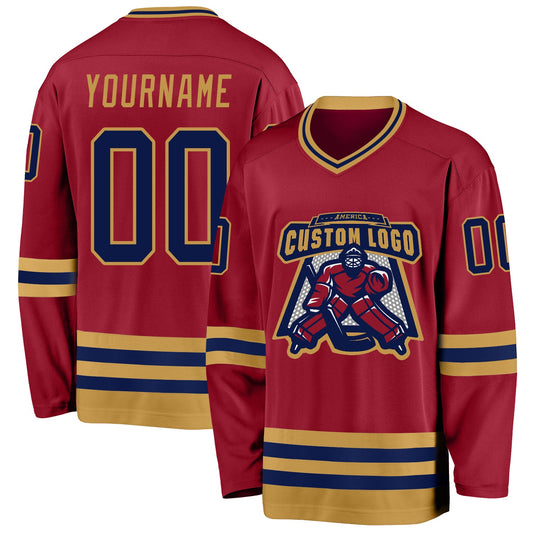 Custom Maroon Navy-Old Gold Hockey Jersey - Sky-Custom