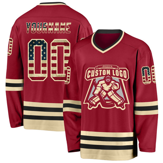 Custom Maroon Vintage USA Flag Cream-Black Hockey Jersey - Sky-Custom