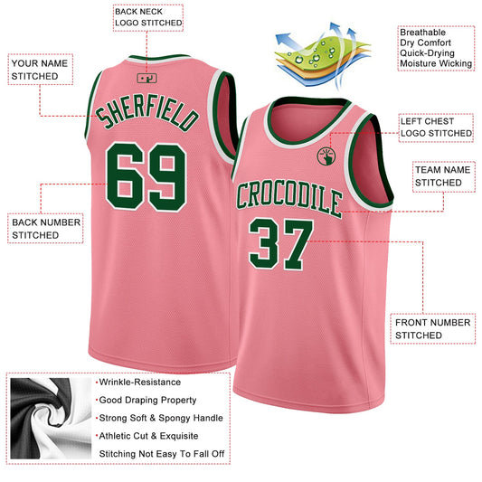 Custom Medium Pink Green-White Authentic Basketball Jersey - Sky-Custom