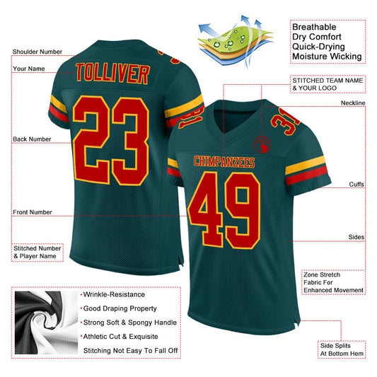 Custom Midnight Green Red-Gold Mesh Authentic Football Jersey - Sky-Custom