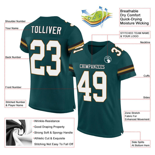 Custom Midnight Green White-Old Gold Mesh Authentic Football Jersey - Sky-Custom
