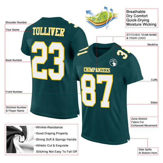 Custom Midnight Green White-Gold Mesh Authentic Football Jersey - Sky-Custom