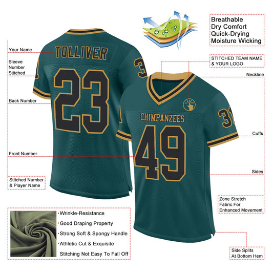 Custom Midnight Green Black-Old Gold Mesh Authentic Throwback Football Jersey - Sky-Custom