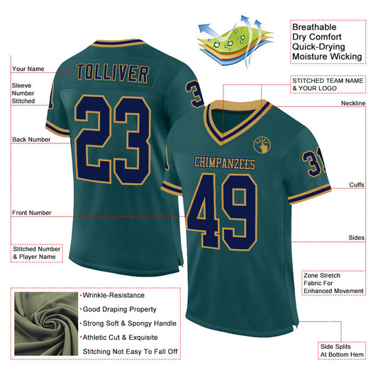 Custom Midnight Green Navy-Old Gold Mesh Authentic Throwback Football Jersey - Sky-Custom