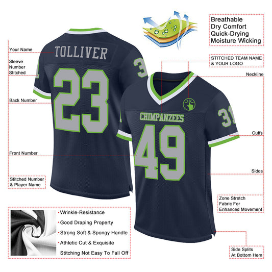 Custom Navy Gray-Neon Green Mesh Authentic Throwback Football Jersey - Sky-Custom