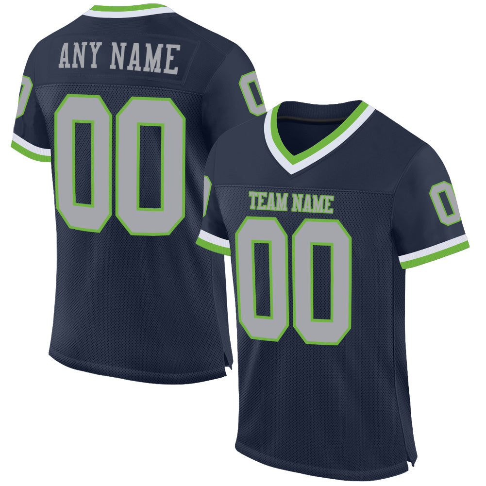 Custom Navy Gray-Neon Green Mesh Authentic Throwback Football Jersey - Sky-Custom