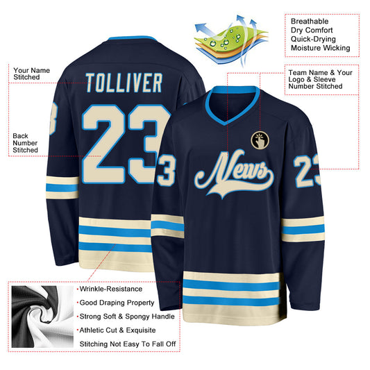 Custom Navy Cream-Blue Hockey Jersey - Sky-Custom