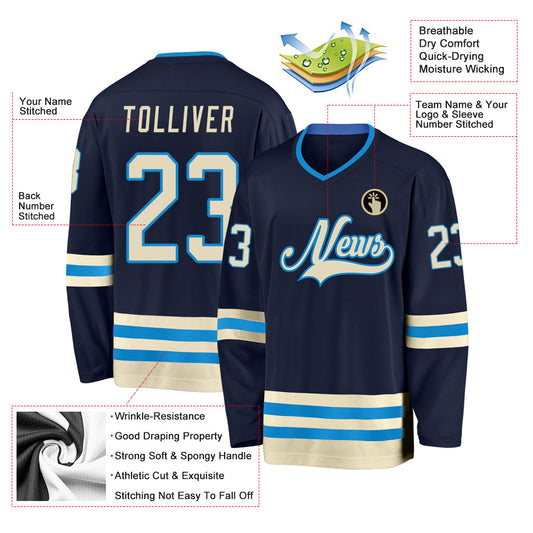 Custom Navy Cream-Blue Hockey Jersey - Sky-Custom