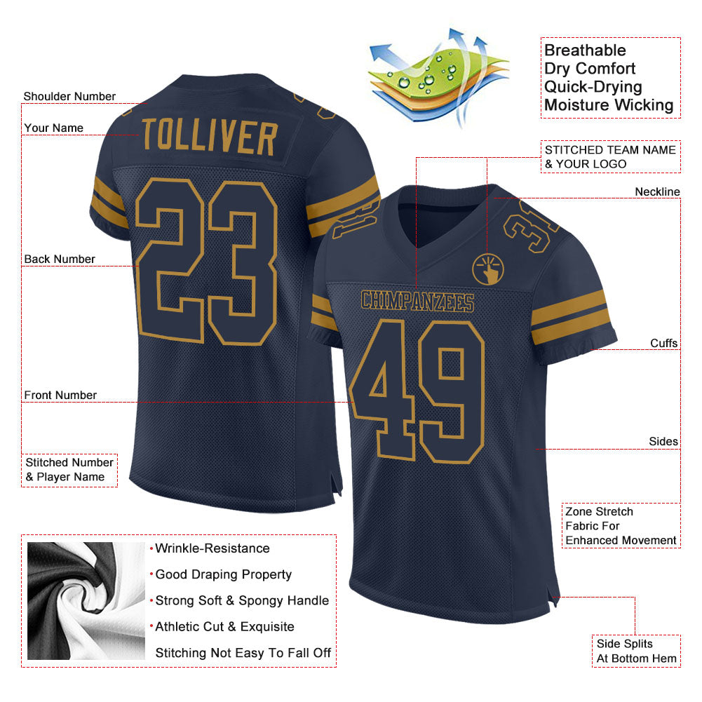 Custom Navy Navy-Old Gold Mesh Authentic Football Jersey - Sky-Custom