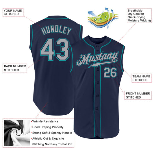 Custom Navy Gray-Teal Authentic Sleeveless Baseball Jersey - Sky-Custom