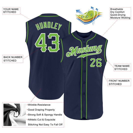 Custom Navy Neon Green-White Authentic Sleeveless Baseball Jersey - Sky-Custom