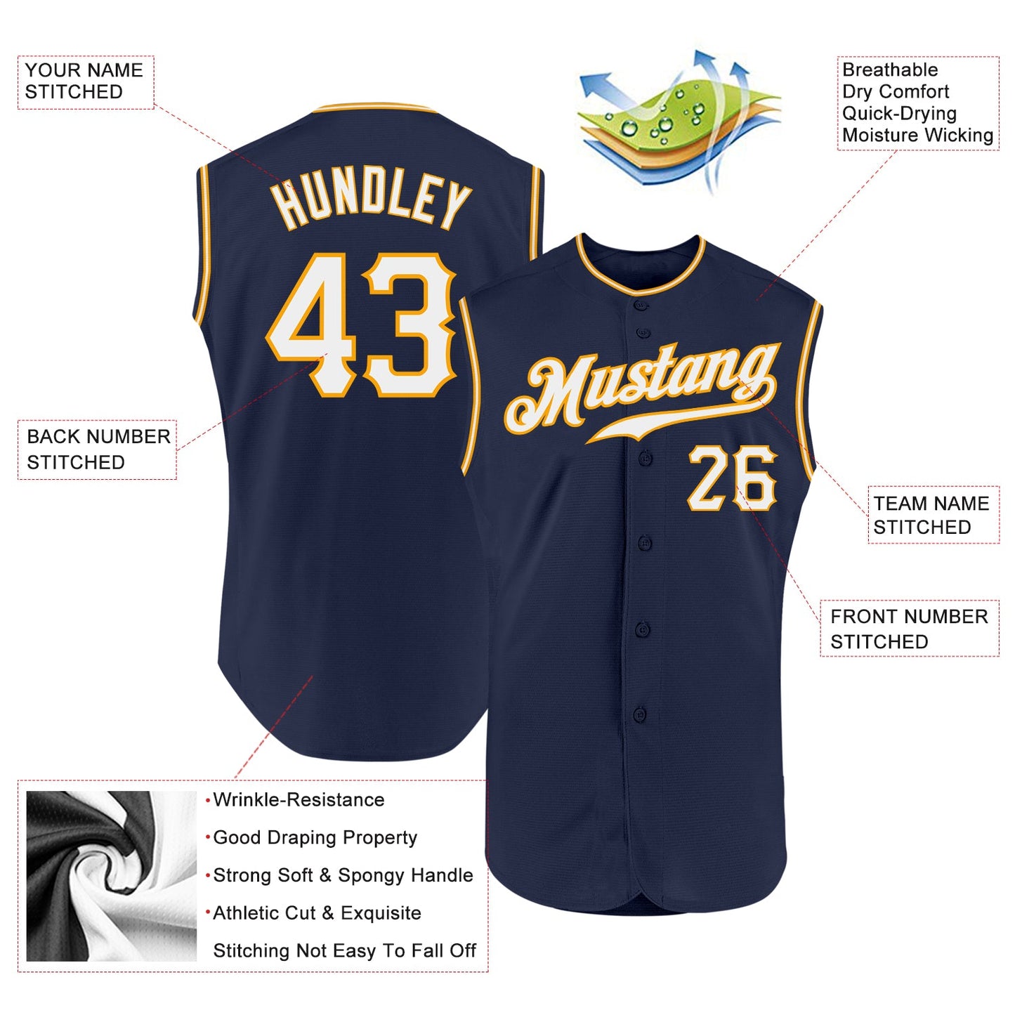 Custom Navy White-Gold Authentic Sleeveless Baseball Jersey - Sky-Custom