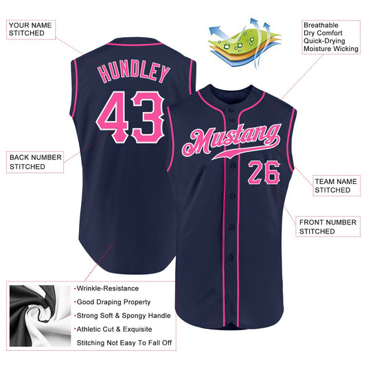 Custom Navy Pink-White Authentic Sleeveless Baseball Jersey - Sky-Custom
