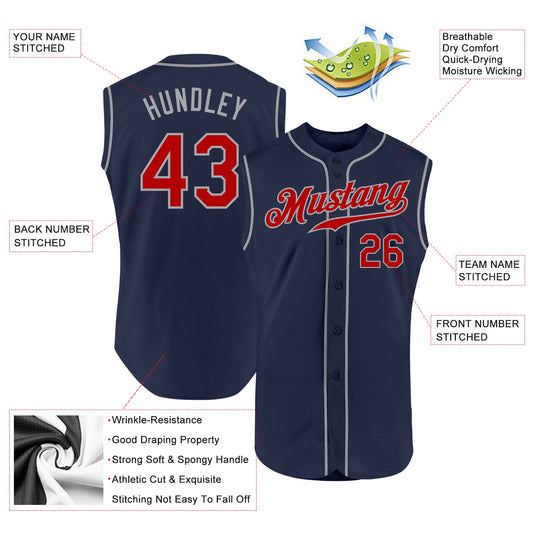 Custom Navy Red-Gray Authentic Sleeveless Baseball Jersey - Sky-Custom