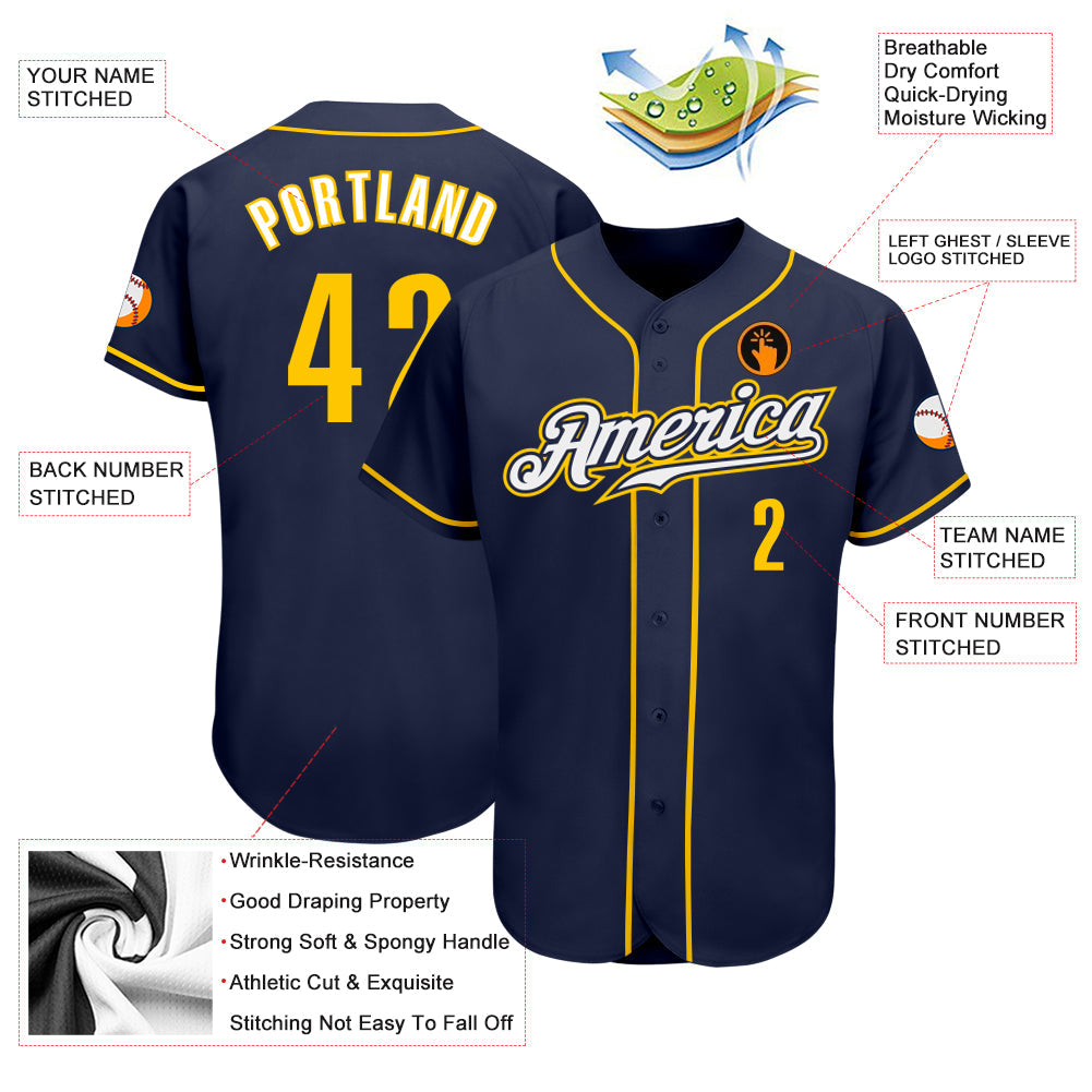 Custom Navy Gold-White Authentic Baseball Jersey - Sky-Custom