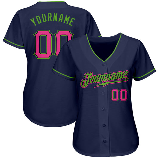 Custom Navy Pink-Neon Green Authentic Baseball Jersey - Sky-Custom