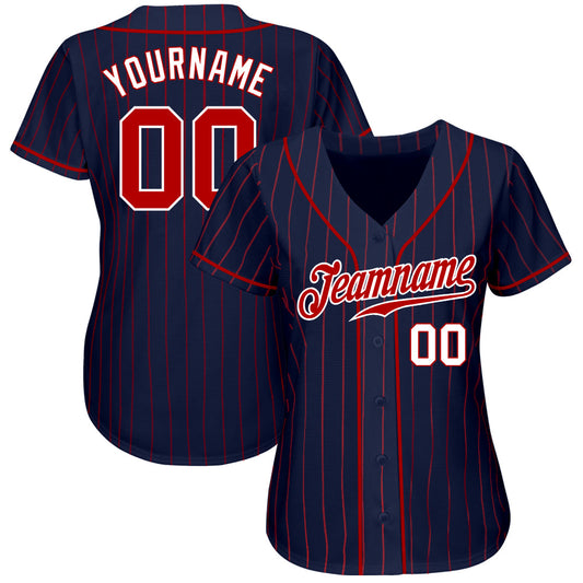 Custom Navy Red Pinstripe Red-White Authentic Baseball Jersey - Sky-Custom