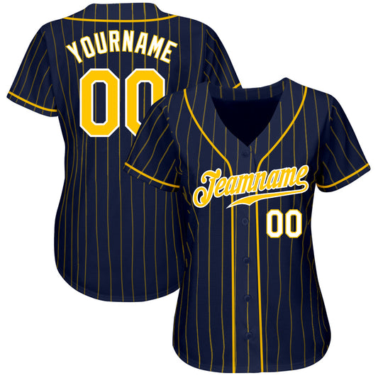 Custom Navy Gold Pinstripe Gold-White Authentic Baseball Jersey - Sky-Custom