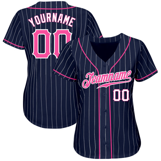 Custom Navy White Pinstripe Pink-White Authentic Baseball Jersey - Sky-Custom