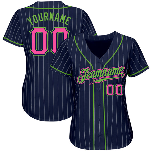 Custom Navy White Pinstripe Pink-Neon Green Authentic Baseball Jersey - Sky-Custom