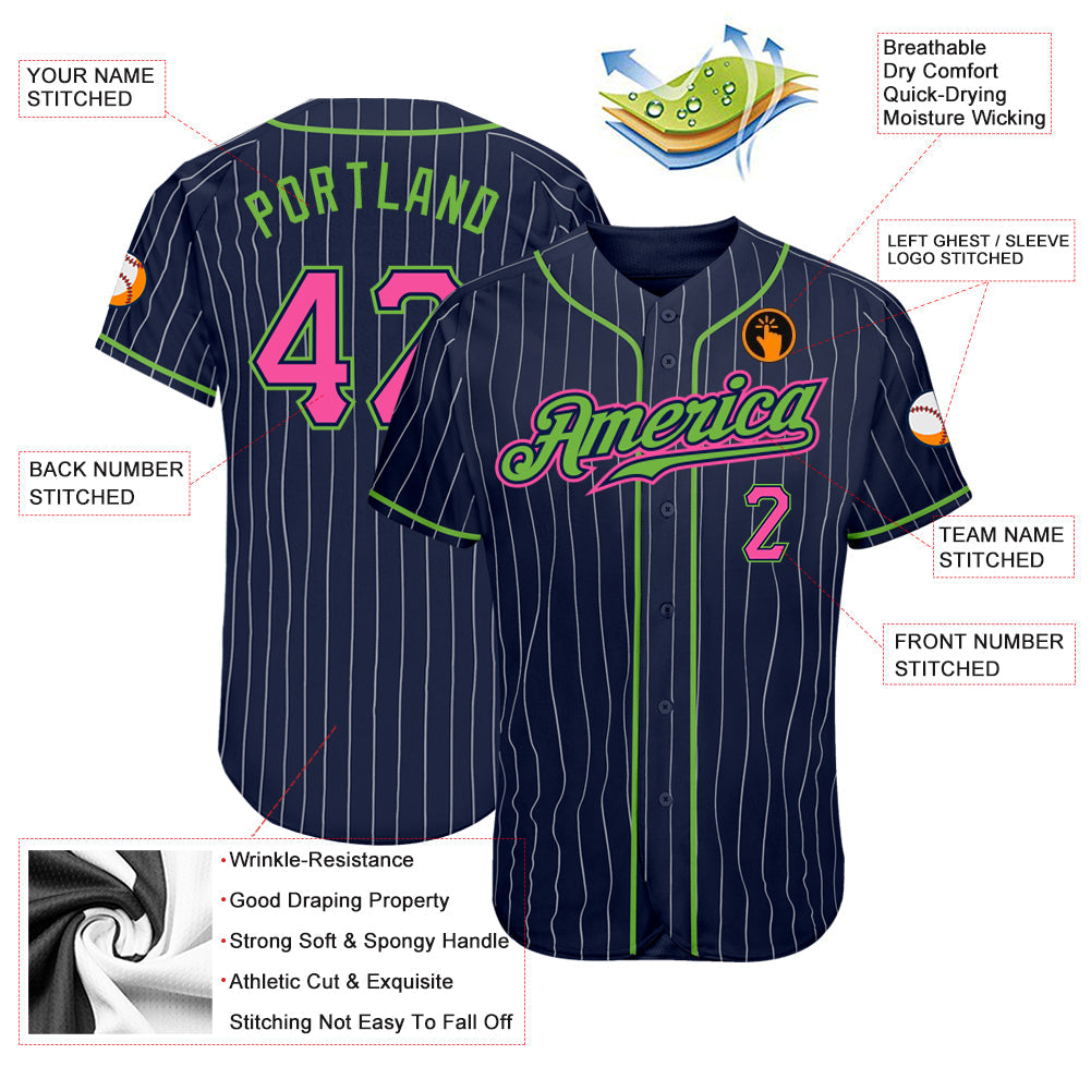 Custom Navy White Pinstripe Pink-Neon Green Authentic Baseball Jersey - Sky-Custom