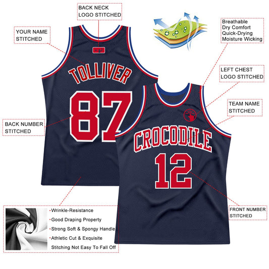 Custom Navy Red-White Authentic Throwback Basketball Jersey - Sky-Custom