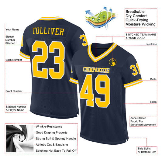 Custom Navy Gold-White Mesh Authentic Throwback Football Jersey - Sky-Custom
