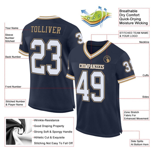 Custom Navy White-Old Gold Mesh Authentic Throwback Football Jersey - Sky-Custom