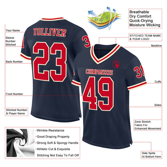Custom Navy Red-Cream Mesh Authentic Throwback Football Jersey - Sky-Custom