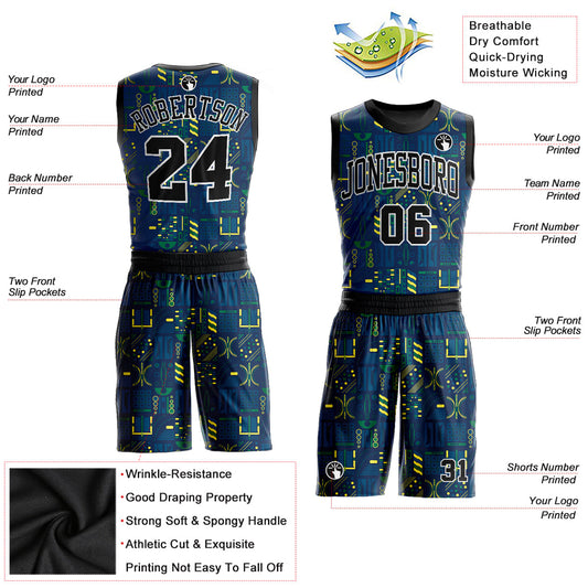 Custom Navy Black-Gold Round Neck Sublimation Basketball Suit Jersey - Sky-Custom