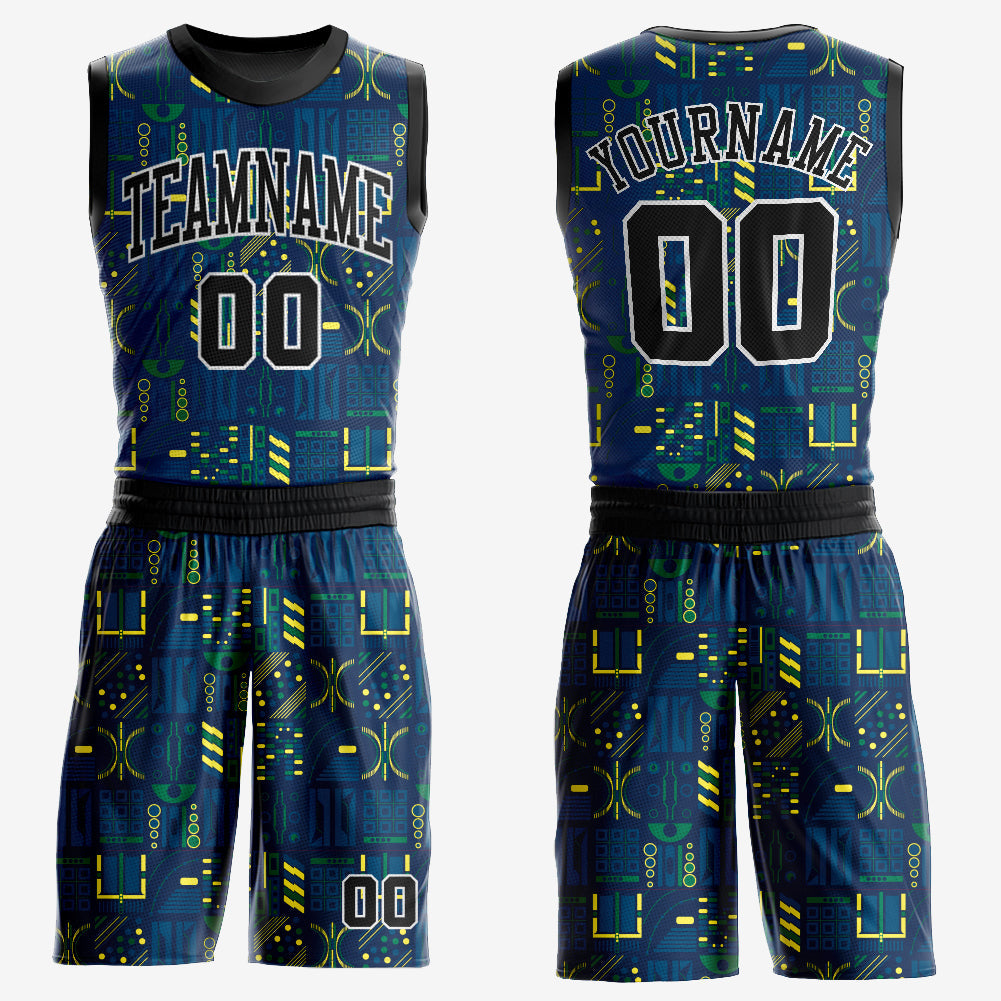 Custom Navy Black-Gold Round Neck Sublimation Basketball Suit Jersey - Sky-Custom