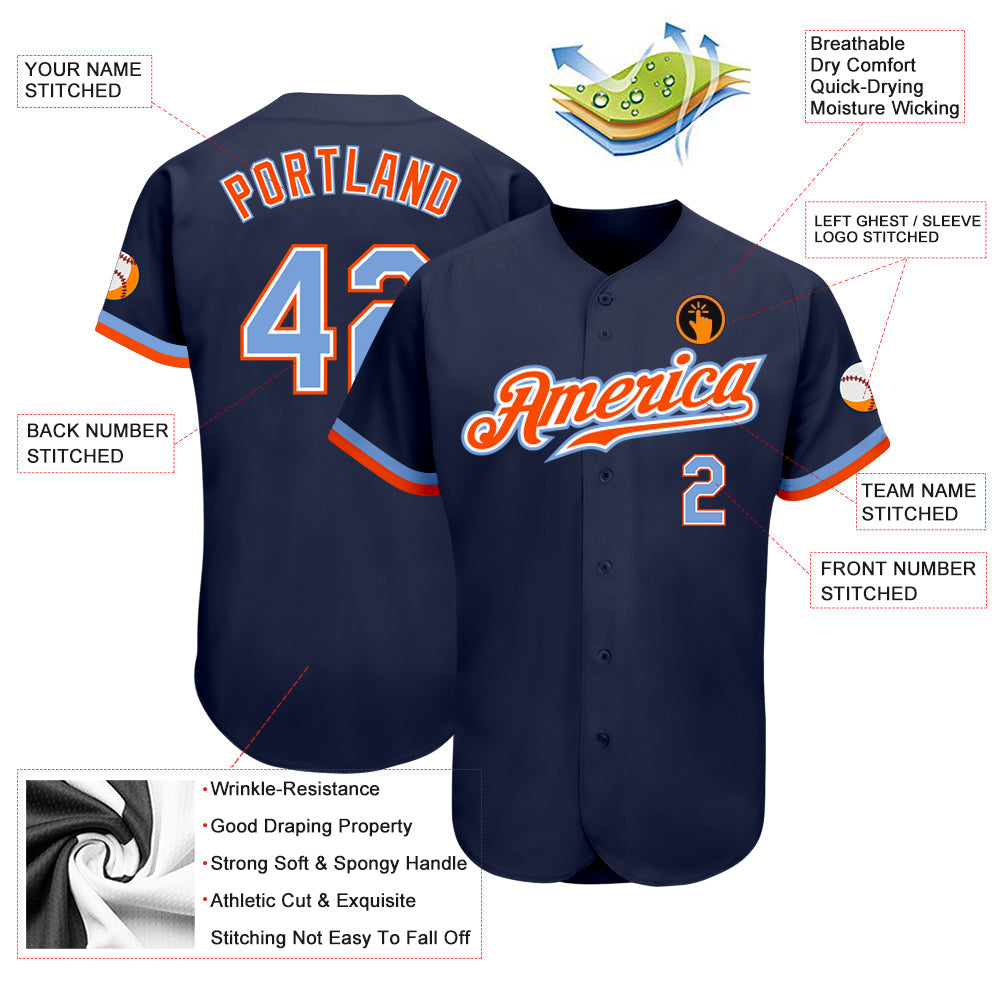 Custom Navy Powder Blue-Orange Authentic Baseball Jersey - Sky-Custom