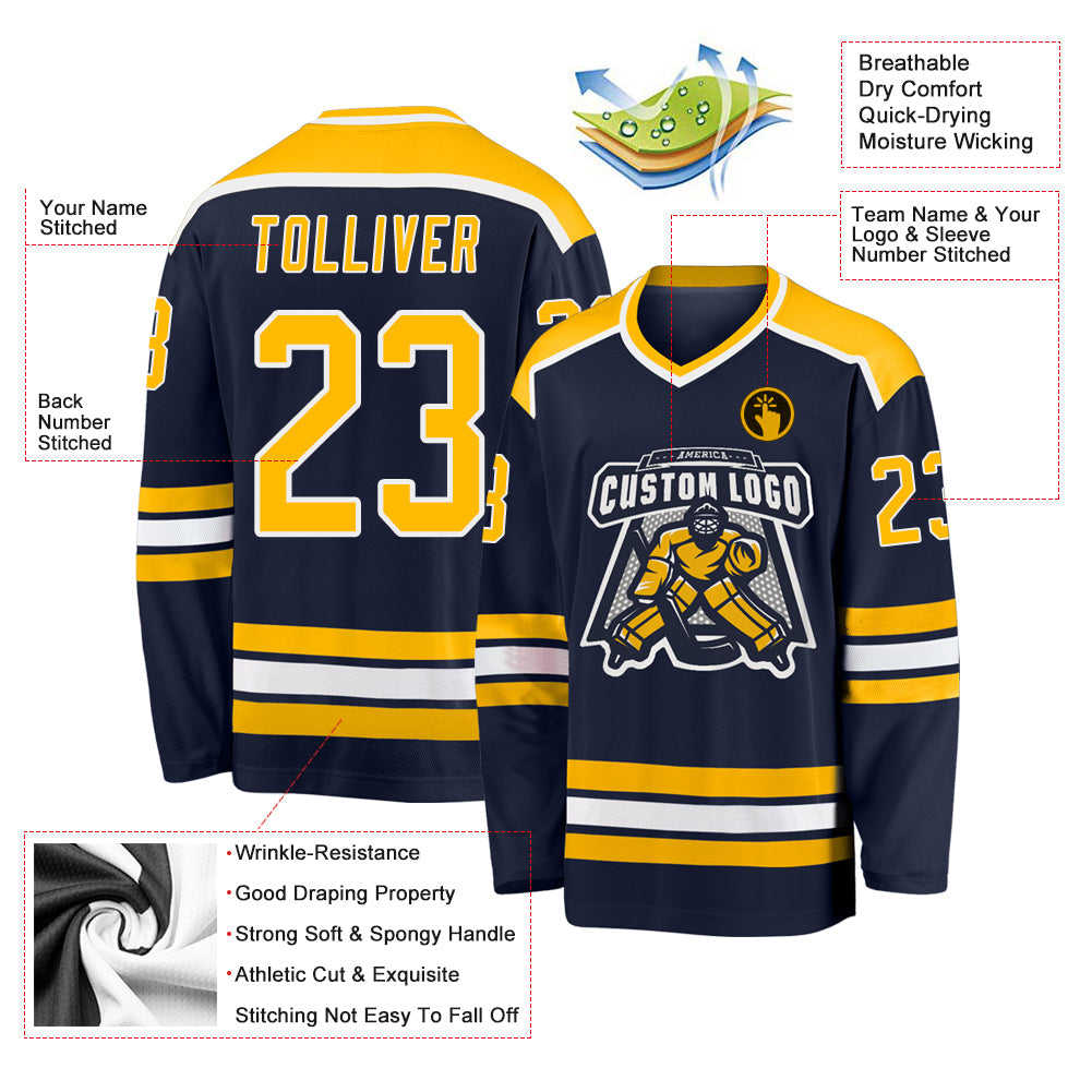 Custom Navy Gold-White Hockey Jersey - Sky-Custom