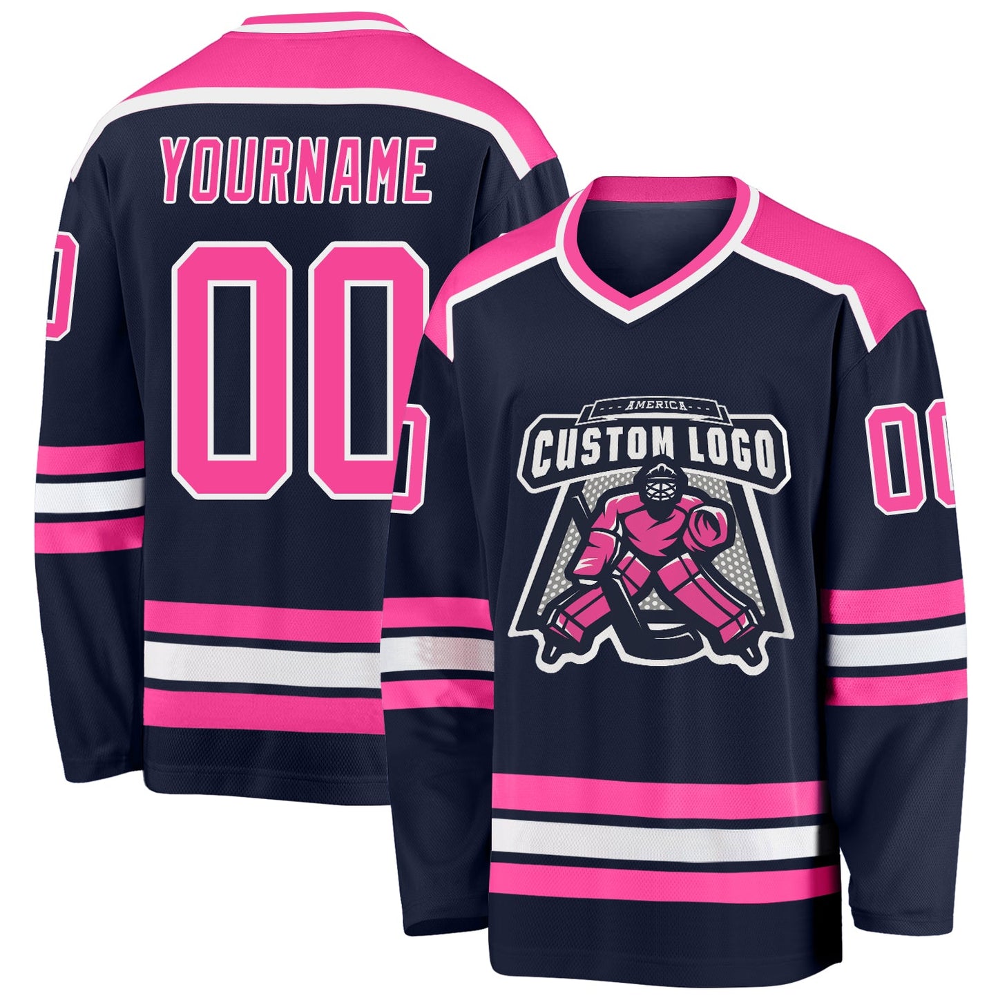 Custom Navy Pink-White Hockey Jersey - Sky-Custom