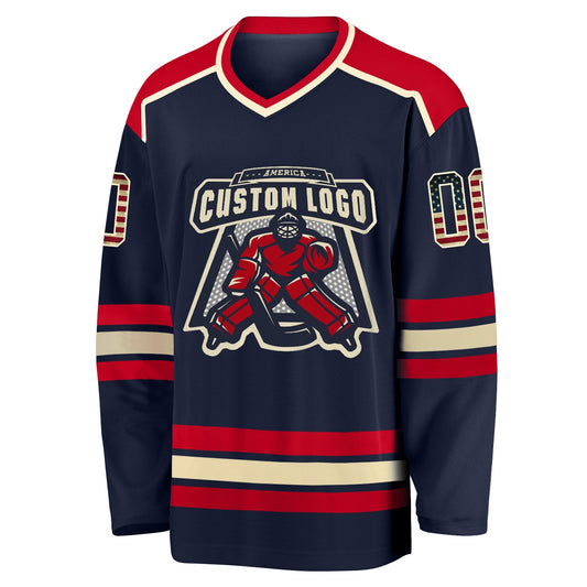 Custom Navy Vintage USA Flag Cream-Red Hockey Jersey - Sky-Custom