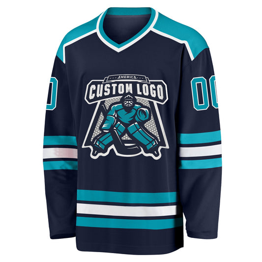 Custom Navy Teal-White Hockey Jersey - Sky-Custom