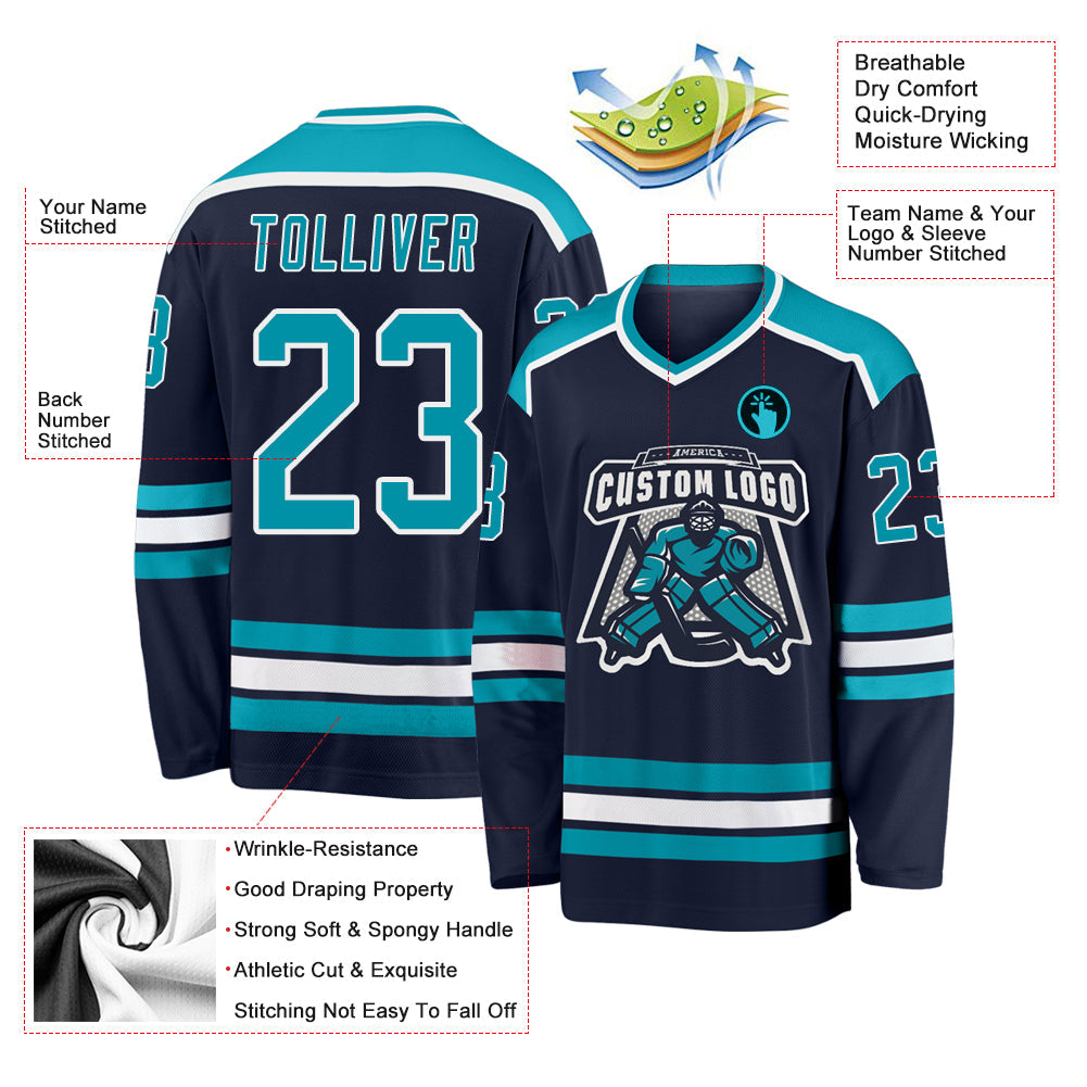 Custom Navy Teal-White Hockey Jersey - Sky-Custom