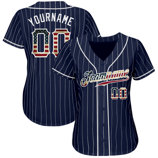 Custom Navy White Pinstripe Vintage USA Flag-White Authentic Baseball Jersey - Sky-Custom